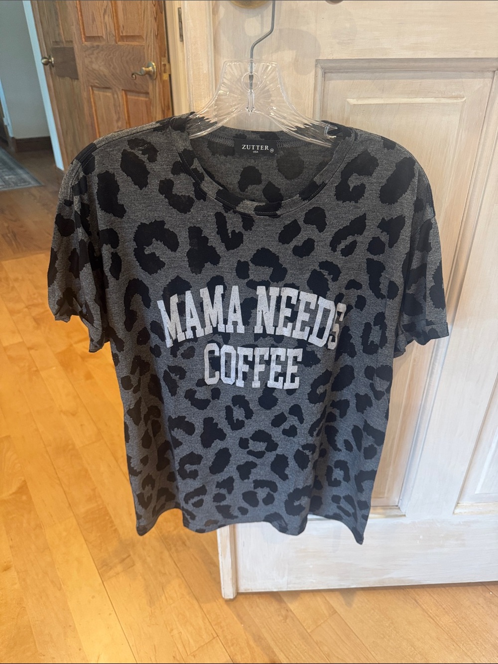 Zutter 'Mama Needs Coffee' Short Sleeve Tee - Charcoal Leopard